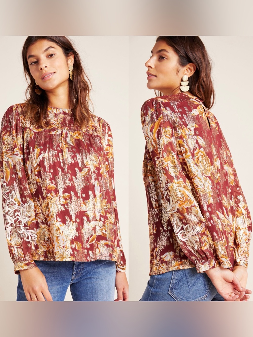 Anthropologie Vineet Bahl Angeline Metallic Wine Colored Floral Blouse